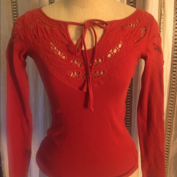 Free People With Love Red Eyelet Top Xs - Picture 5 of 6